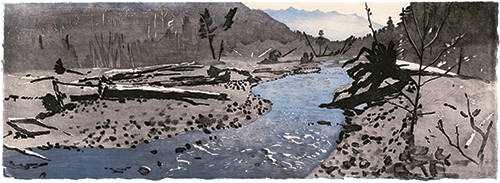 Hoh River, Japanese woodblock print, 24 x 67 cm, 2011