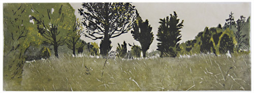 Juniper Bushes, Swabian Alb, Japanese woodblock print, 24 x 67 cm, 2011