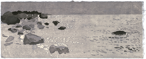 Beach, Long Island, Japanese woodblock print, 25 x 63 cm, 2012