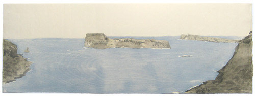 Coast, Crete, Japanese woodblock print, 24 x 67 cm, 2009
