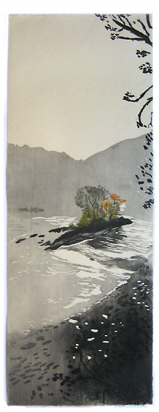 Insel im Rhein, japanischer Holzschnitt, 67 x 24 cm, 2009