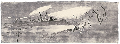 Riverbank, Clouds, Japanese woodblock print, 24 x 67 cm, 2010
