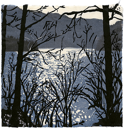 Crescent Lake, Japanese woodblock print, 24 x 24 cm, 2011