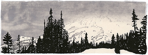 Mt. Rainier, Japanese woodblock print, 24 x 67 cm, 2011