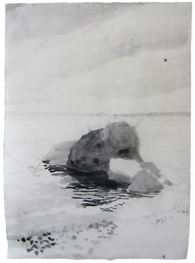 Steine im Regen, Shelter Island, Tuschmalerei, 62 x 43 cm, 2012