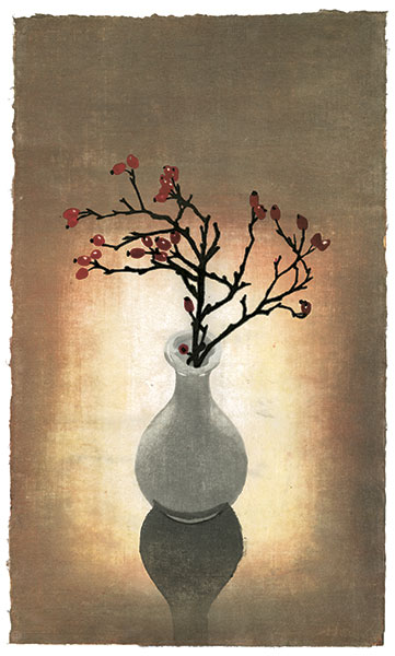 Vase with rose hips in front of window, Japanese woodblock print, 70 x 42 cm, 2015