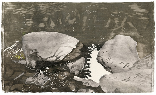Felsen im Fluss, japanischer Holzschnitt, 39 x 67 cm, 2022